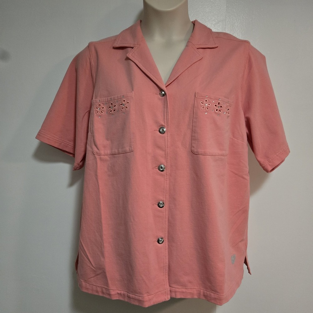 Quacker Factory Size 1X Peach Dream Jeannes Camp Shirt w/ Cutout Details NEW
